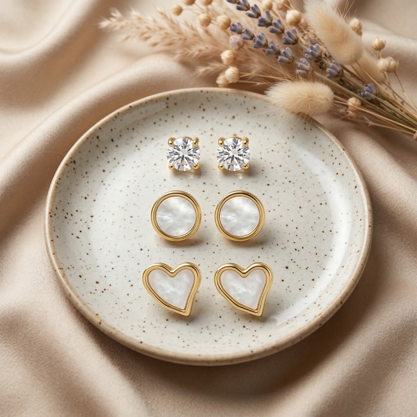 Luna Glow Stud Earrings Set – Anti Tarnish Gold Combo (Set of 3)