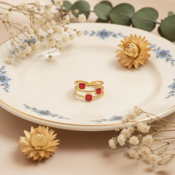 Red Stone Layered Wrap Ring – Anti Tarnish Gold Adjustable