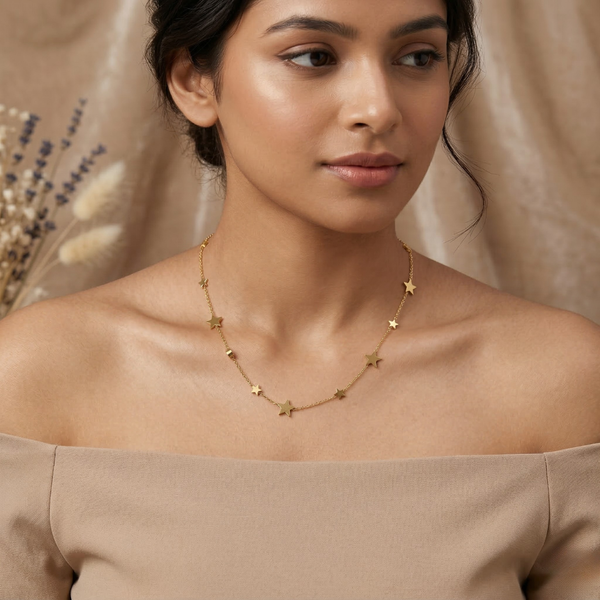 Star and Crystal Station Necklace – Anti-Tarnish Gold