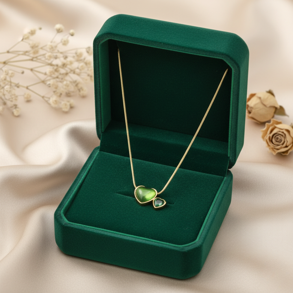 Double Heart Pendant Necklace – Green | Anti-Tarnish Gold