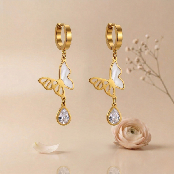 Golden Butterfly Drop Hoop Earrings for Women – Anti-Tarnish Gold