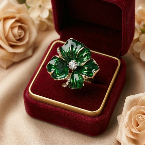 Eden Green Flower Enamel Ring – Anti-Tarnish Gold