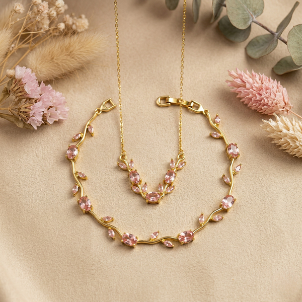 Anti-Tarnish Pink Tulip Necklace & Bracelet Set – Gold Finish