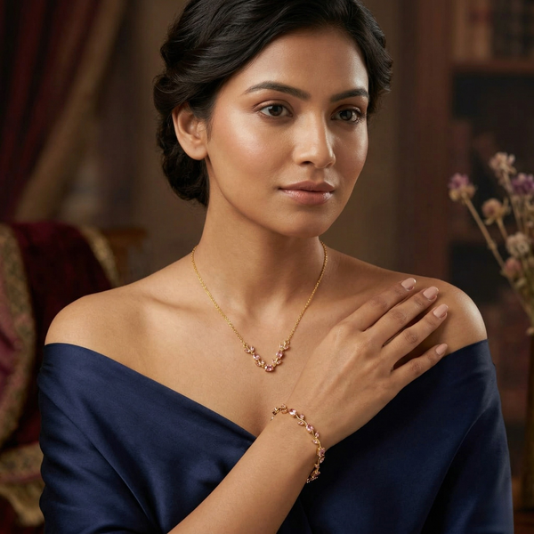 Anti-Tarnish Pink Tulip Necklace & Bracelet Set – Gold Finish