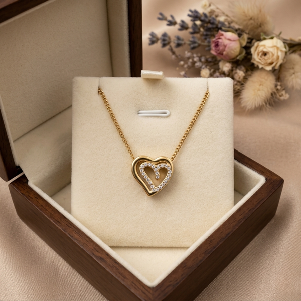 Twin Heart Crystal Pendant Necklace – Anti Tarnish Gold