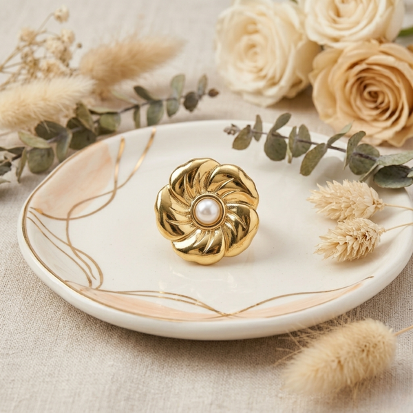 Flora Pearl Statement Ring – Gold Tone Anti Tarnish Adjustable Ring