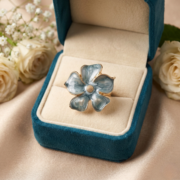 Aurelia Blue Flower Bloom Statement Ring – Anti Tarnish Gold Adjustable Ring