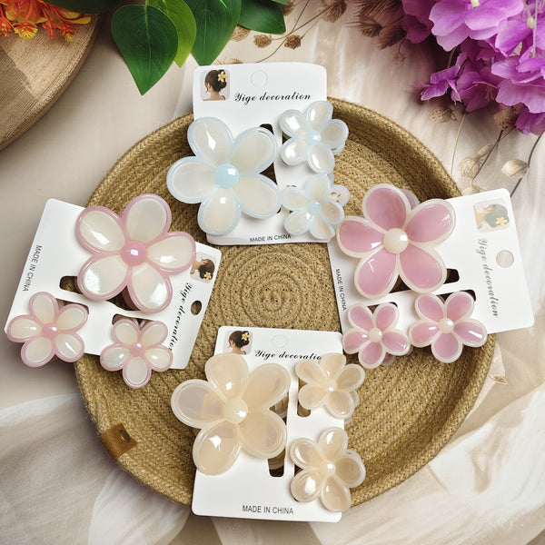 Premium Glossy Flower Hair Claw Set (3 Pieces) | Cute Floral Clutcher Combo