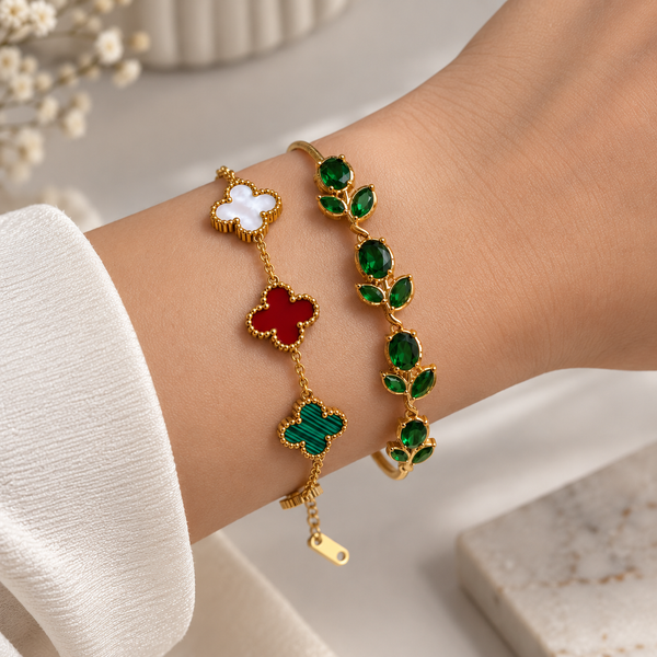 Green Emerald & Clover Bracelet Stack – 2 Piece Anti Tarnish Set