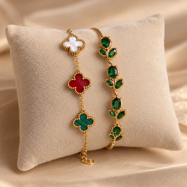 Green Emerald & Clover Bracelet Stack – 2 Piece Anti Tarnish Set