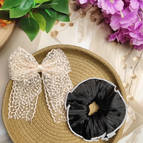 Premium Lace Bow Clip & Organza Scrunchie Set of 2 | Elegant Hair Accessories Combo