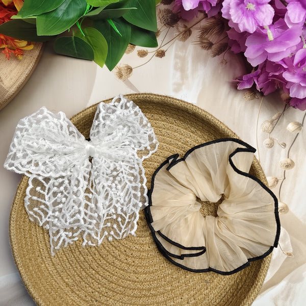 Premium Lace Bow Clip & Organza Scrunchie Set of 2 | Elegant Hair Accessories Combo
