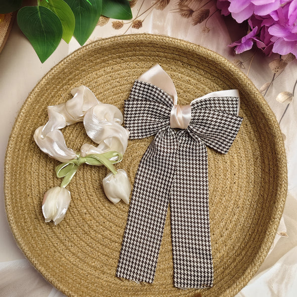 Houndstooth Bow Hair Clip & Scrunchie Combo – Pack of 2