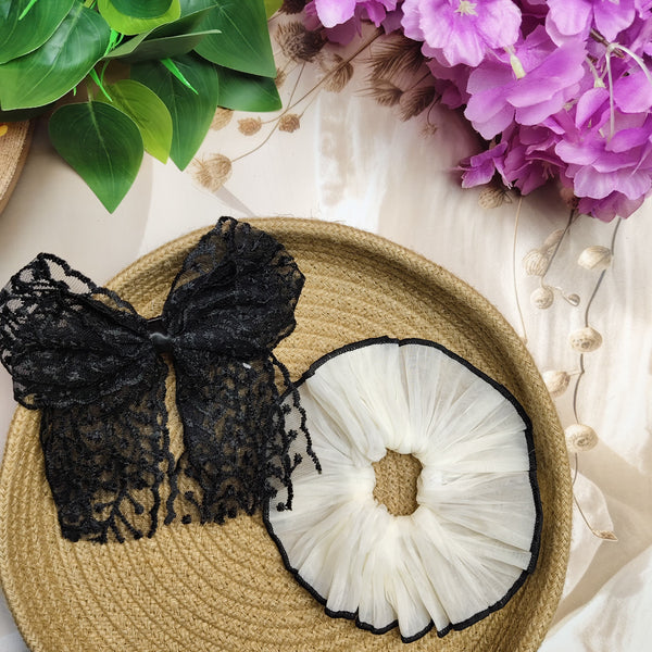 Premium Lace Bow Clip & Organza Scrunchie Set of 2 | Elegant Hair Accessories Combo