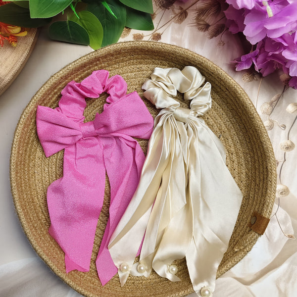 Elegant Bow Scrunchies Combo Set (Pack of 2) – Satin Finish Hair Ties