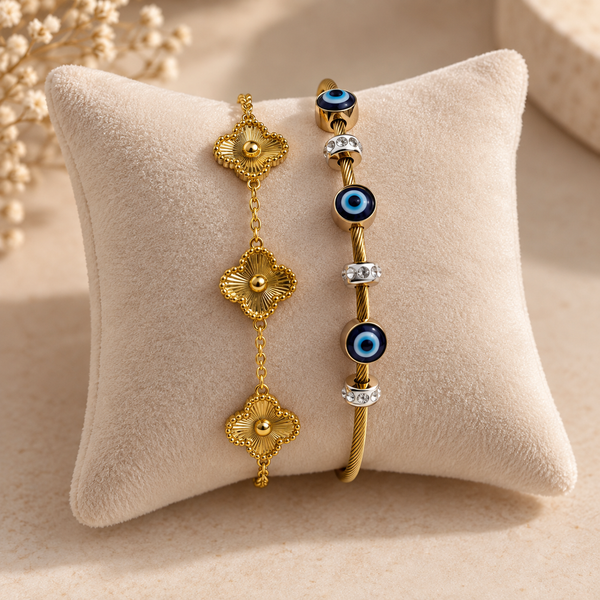 Evil Eye & Floral Gold Bracelet Stack – 2 Piece Anti Tarnish Set