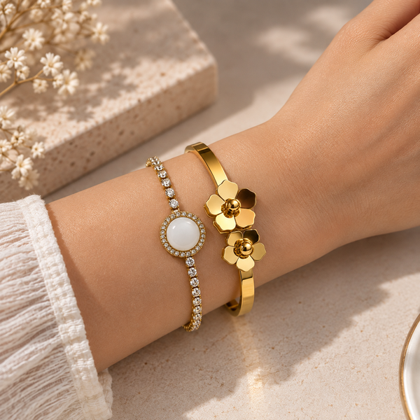 Floral Crystal Bracelet Stack – 2 Piece Anti Tarnish Set