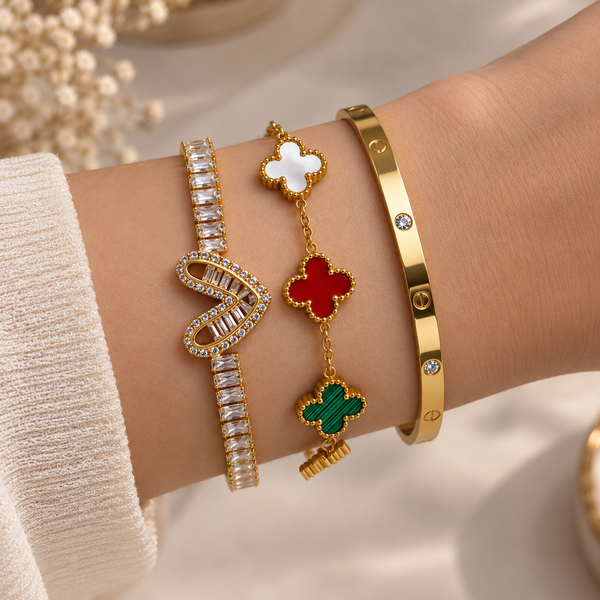 Crystal Heart, Clover Charm & Classic Bangle Stack – 3 Piece Anti Tarnish Set